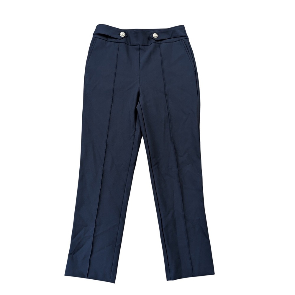 Rachel Zoe Navy Blue Gold Button Stitched Crease Slim Trousers Size 8